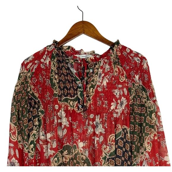 Zara Floral Sheer Long Sleeve Flowy Boho Blouse Smocked Ruffle Neck XL Red Green - Picture 4 of 15